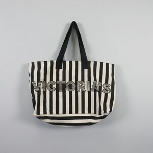 Victoria's Secret Canvas Tote Bag w/ Pouch Black White Striped Gym Travel 534